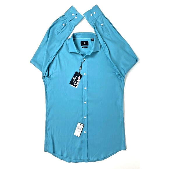 NWT Psycho Bunny Modern Fit No Iron Stretch Dress Shirt Teal Blue Men 15.5 32/33 - Picture 1 of 7
